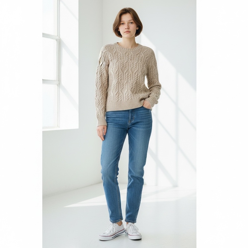 Ann Taylor Alpaca Wool Blend Cable Knit Fisherman Sweater Small Neutral